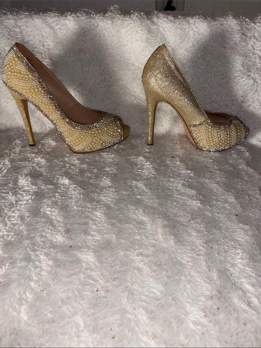 De Blossom Collection Gold Rhinestone & Pearl Peep-Toe Heels - Picture 9 of 9